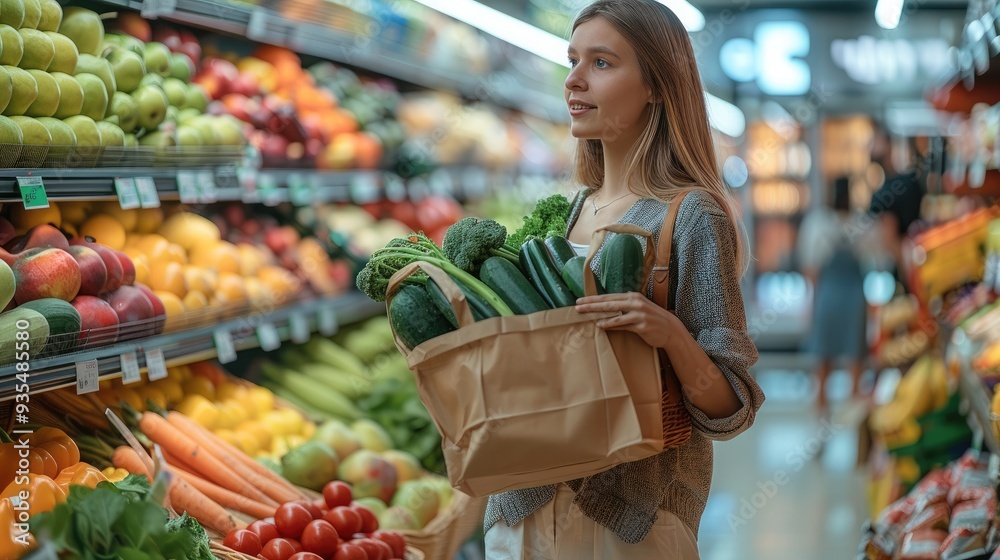 An female carrying a paper bag filled with fresh groceries, including fruits, vegetables, and bread, in a supermarket. Generative AI. An female carrying a paper bag filled with fresh groceries, including fruits, vegetables, and bread, in a supermarket. Generative AI.