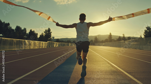 A runner crossing the finish line in slow motion, celebrating a personal best time.