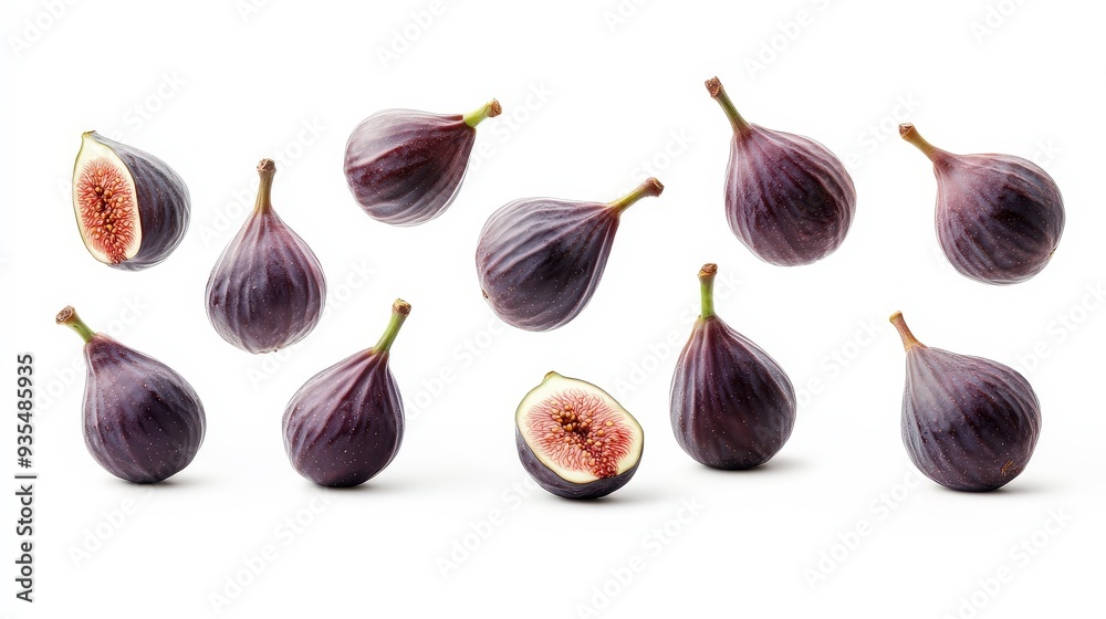 A collection of whole and halved figs, isolated on a white background. A collection of whole and halved figs, isolated on a white background.