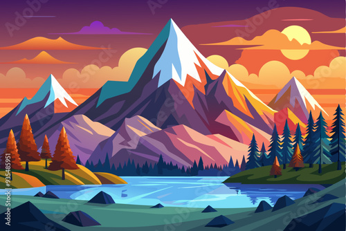 Mountain Range with Sunset and a River at the Foot