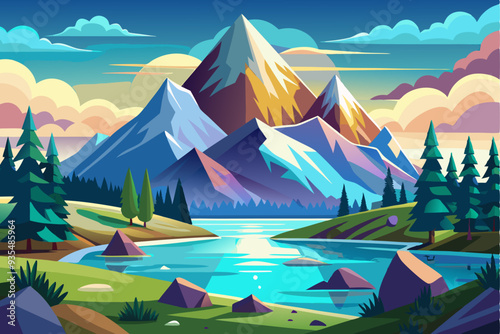 Mountainous Landscape with a Serene Lake and Lush Forest
