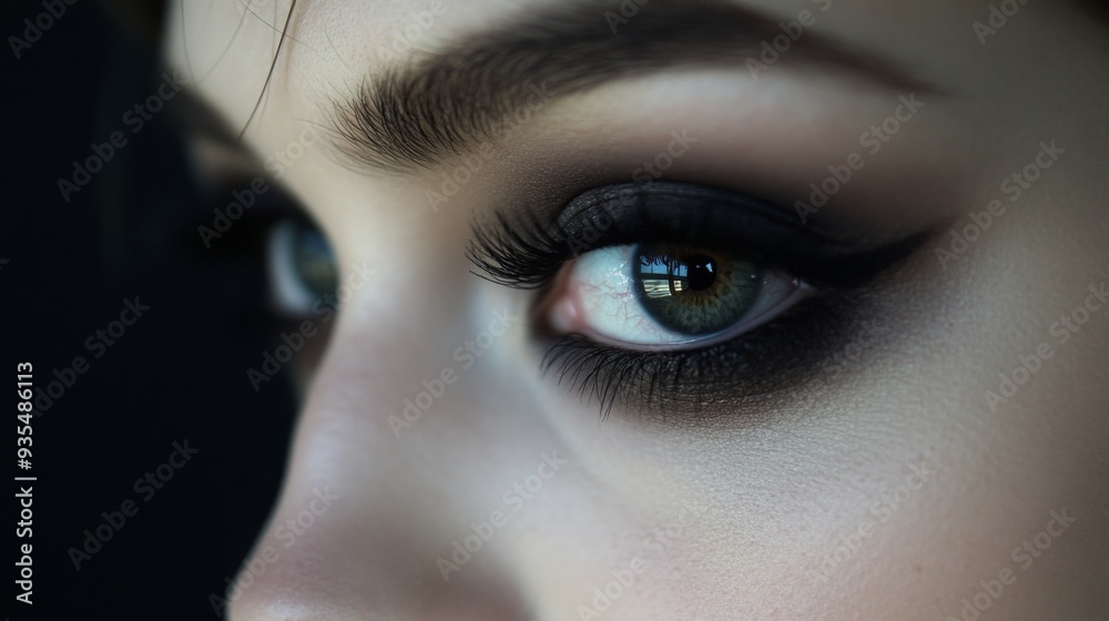 A woman exhibits striking eye makeup with bold eyeliner and deep eyeshadow, highlighting her captivating green eyes. A woman exhibits striking eye makeup with bold eyeliner and deep eyeshadow, highlighting her captivating green eyes.