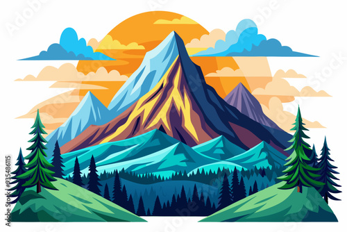 Mountainous Landscape with Sunset and Pine Trees