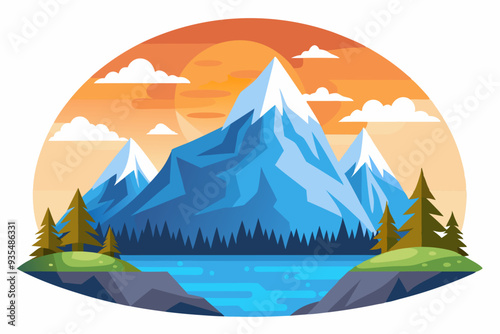 Mountainous Landscape with Lake and Sunset