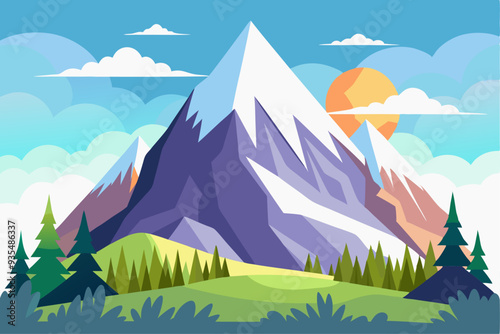 A Mountainous Landscape with Snow-Capped Peaks and a Bright Sun