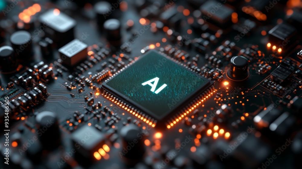 Close-up of a circuit board featuring an AI chip. Close-up of a circuit board featuring an AI chip.