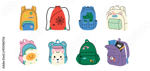 Set school сhildren's backpacks with school supplies. Doodle stickers back to school. Kids bags