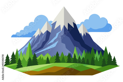 Mountain Range with Snowy Peak and Green Trees