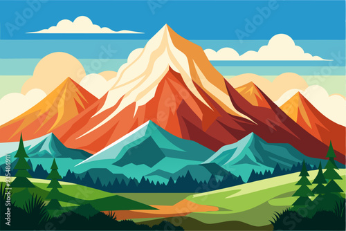 Colorful Mountain Range Landscape with Forest and Clouds