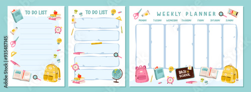 School kids planner. Weekly planner for children with school supplies elements. To do list with a backpack, book and education tools