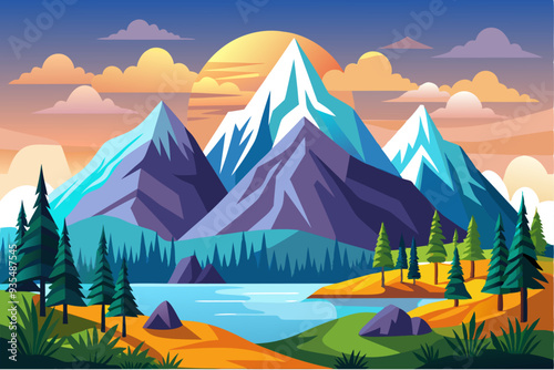 Mountainous Landscape with a Sunset over a Lake and Forest