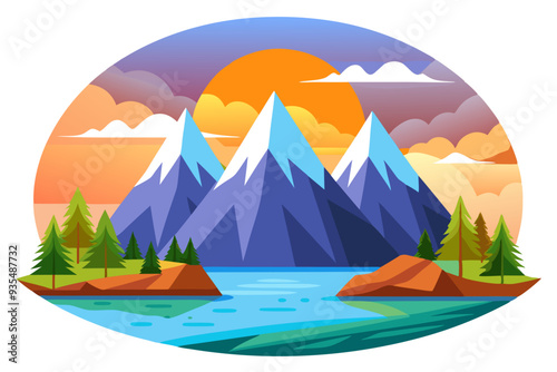 Mountainous Landscape with a Sun Setting Over a Lake and Forest