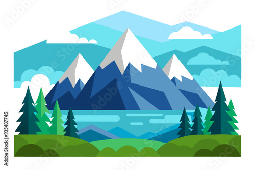 A Flat Illustration of a Mountain Range with a Lake in the Foreground