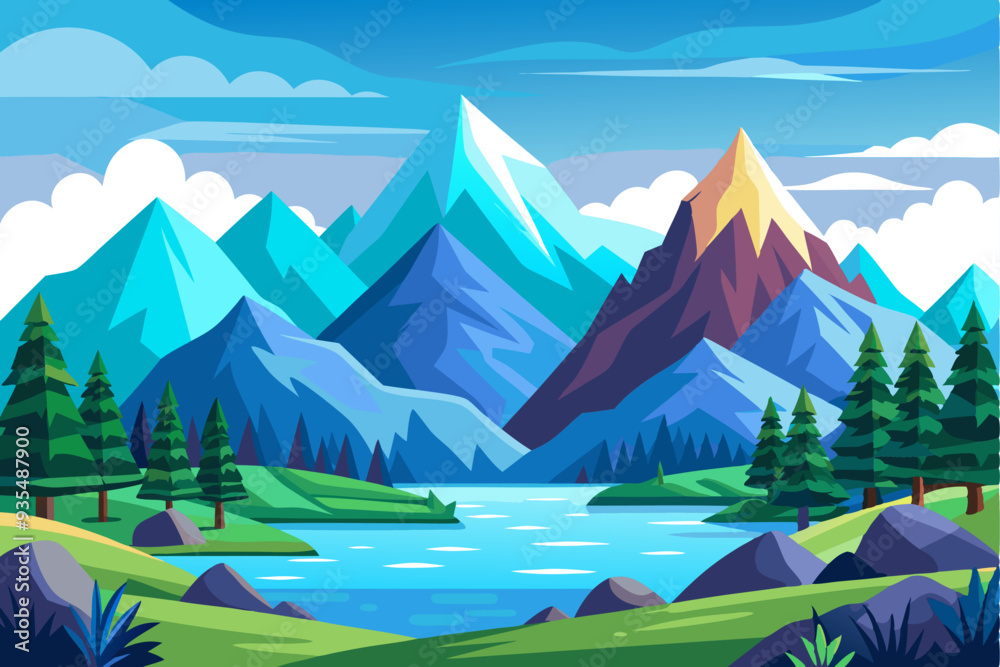 Naklejka premium Serene Mountain Lake with Lush Green Meadows and Pine Trees