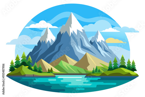 Mountain Range with Snow Peaks, Trees, and a Lake