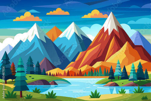 Mountainous Landscape with a River Winding Through a Forest