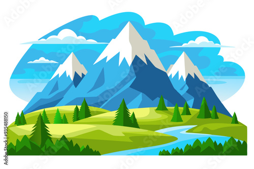 Mountainous Landscape with a Winding River and Green Forest