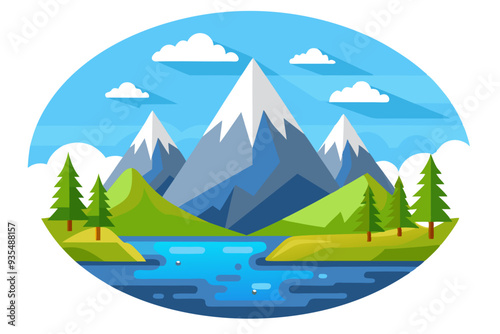 Mountainous Landscape with Blue Sky, Clouds, and River