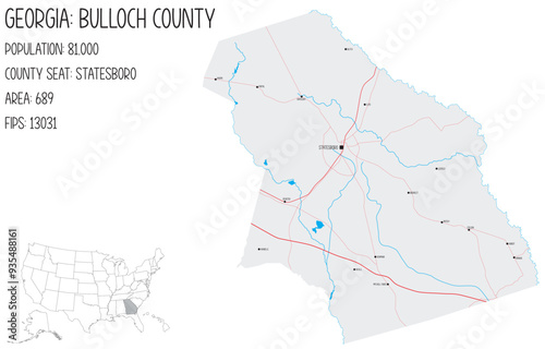 Large and detailed map of Bulloch County in Georgia, USA.