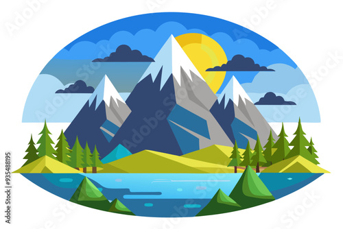 A Mountainous Landscape with a Lake and Trees Under a Sunny Sky