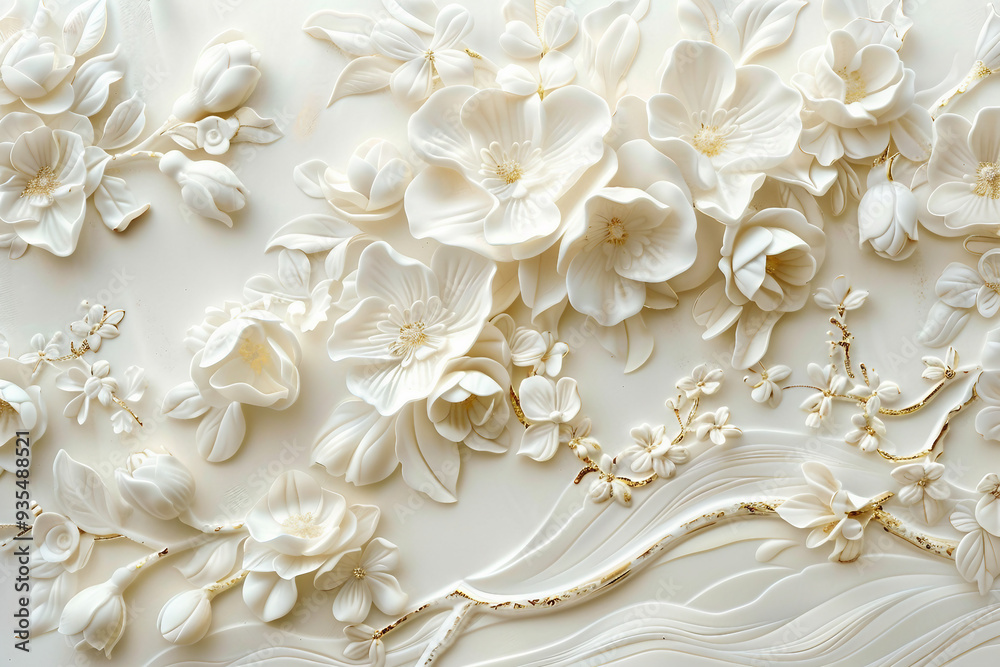 AI generated illustration an intricate white bas-relief sculpture of flowers on a wall AI generated illustration an intricate white bas-relief sculpture of flowers on a wall