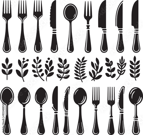 Spoon Knife And Fork black vector, set of Cutlery Icon Silhouette,