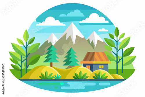 A Cabin in the Mountains with a Lake and Lush Greenery