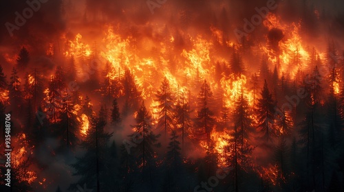 Wildfires or forest fire burning in the night. Top view