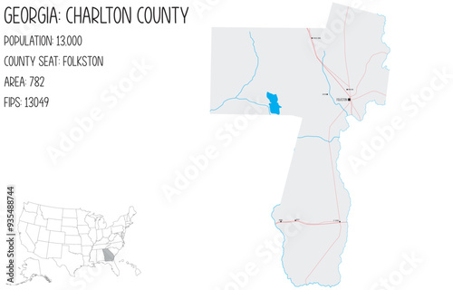 Large and detailed map of Charlton County in Georgia, USA.