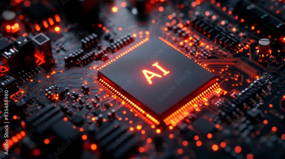 Close-up of a circuit board with an AI chip illuminated in red. Close-up of a circuit board with an AI chip illuminated in red.
