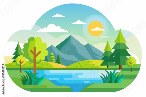 A Sunny Day with a Mountain, Trees, River, and Blue Sky