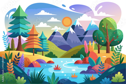 Colorful Landscape with River, Mountains, and Trees