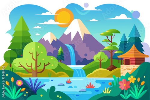 Mountainous Landscape with a Waterfall, River, and Cottage
