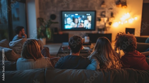 A group of friends relaxes on a couch, watching a movie together on a large screen while sharing laughter and good vibes