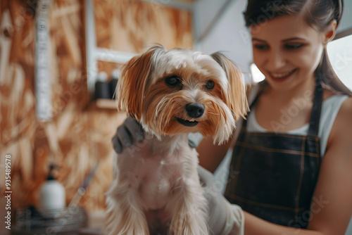 Picture of a funny happy dog on grooming procedure generative AI