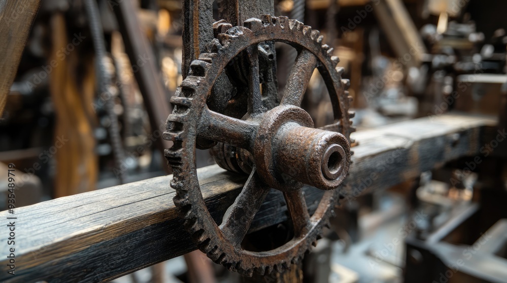 Close-up of Rusty Gear Wheel in a Workshop Close-up of Rusty Gear Wheel in a Workshop