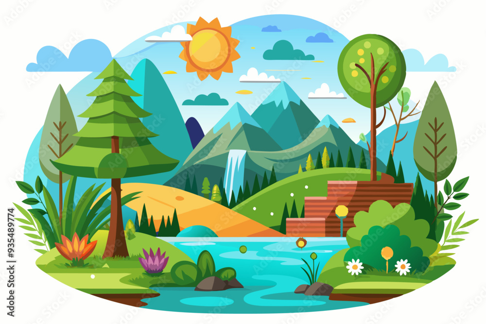 Obraz premium Sunny Mountain Landscape with River and Waterfall