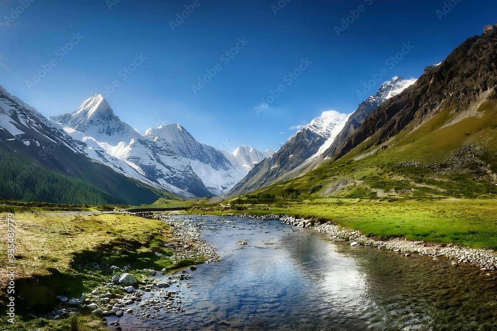 Breathtaking mountain view with snow-covered peaks, lush valleys, and a clear river winding under a golden sunlit sky Breathtaking mountain view with snow-covered peaks, lush valleys, and a clear river winding under a golden sunlit sky