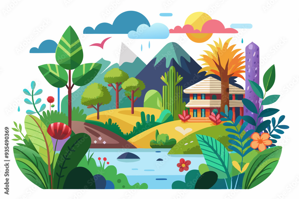 Obraz premium A Colorful Illustration of a House in a Lush Green Landscape with Mountains and a River