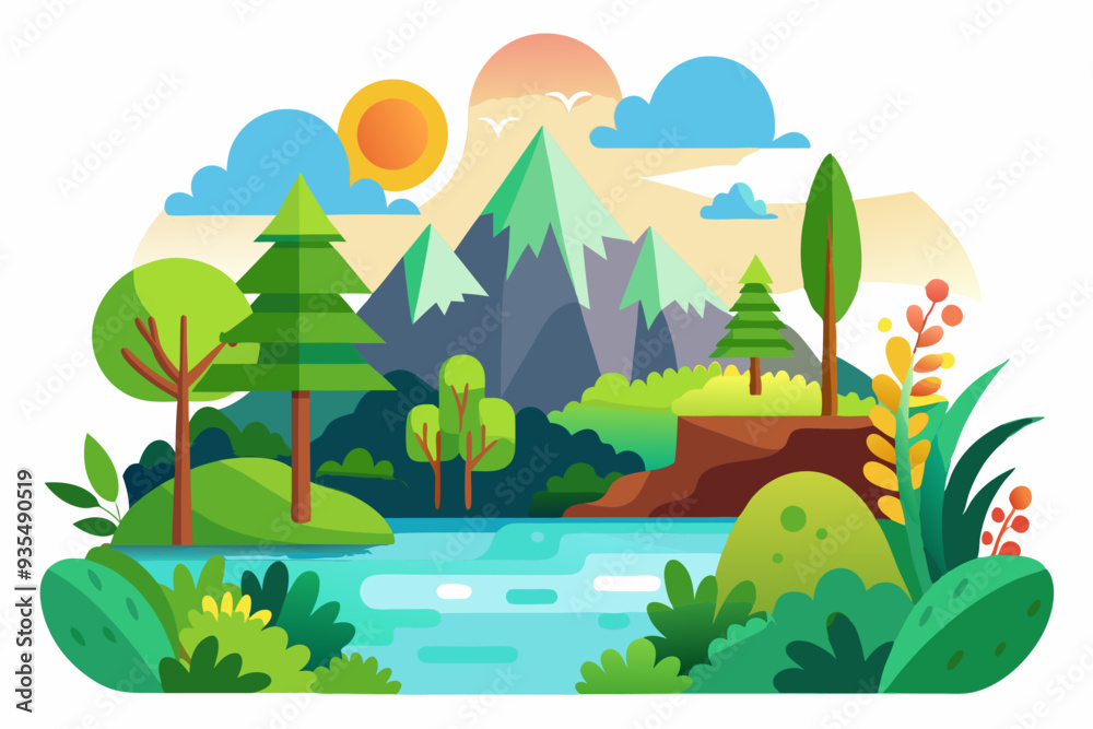 Fototapeta premium Serene Mountain Landscape with River and Lush Greenery