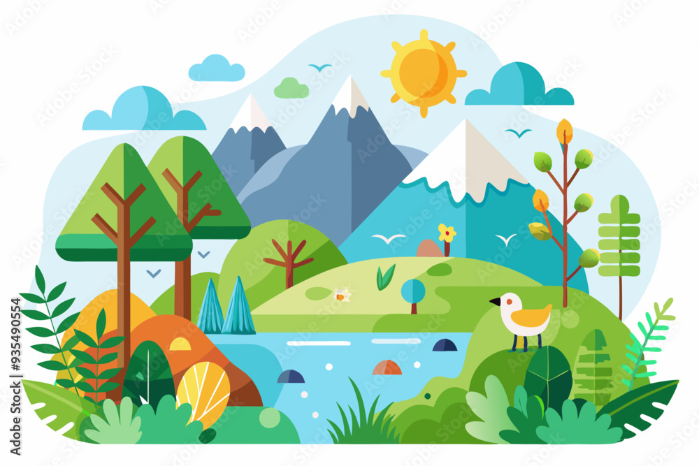Obraz premium A Sunny Day in a Mountain Valley with a River, Trees, and a Bird