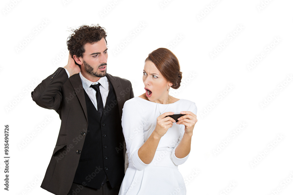 Stressed husband discovers wife texting a lover Stressed husband discovers wife texting a lover