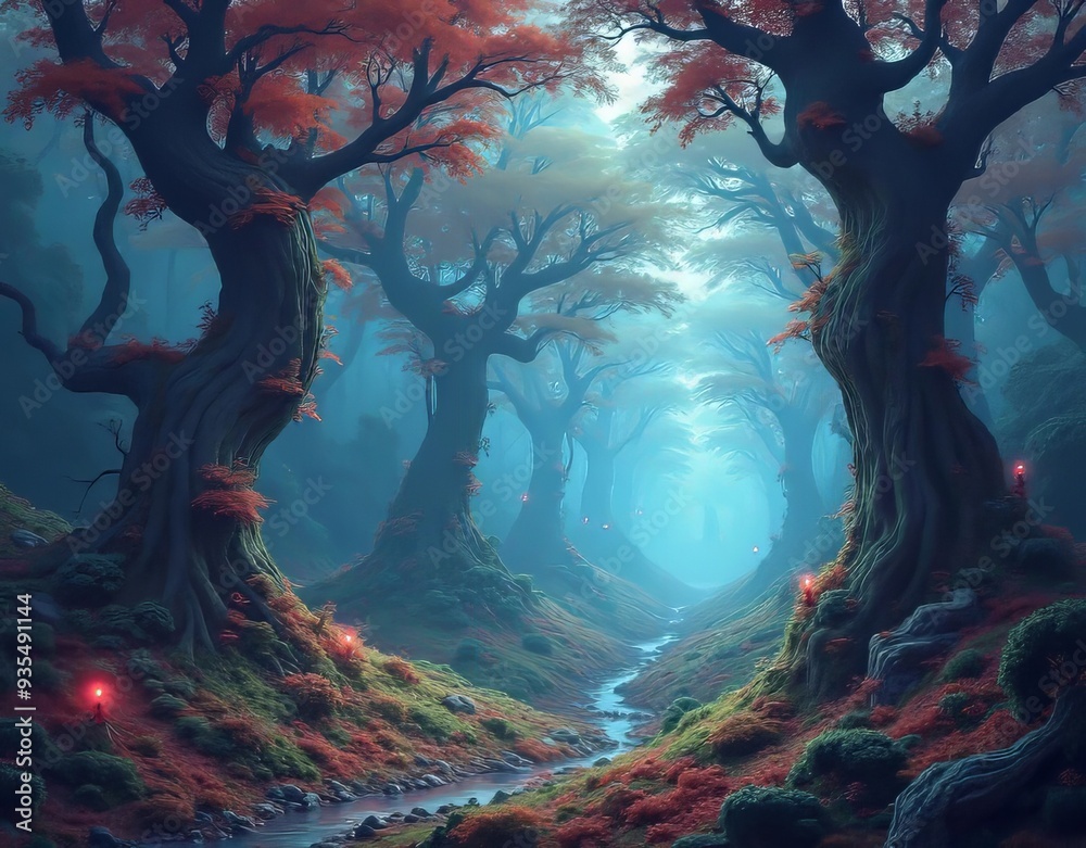 Fototapeta premium Surrealist Dream Forest: imaginative, vibrant, otherworldly, mythical, mysterious