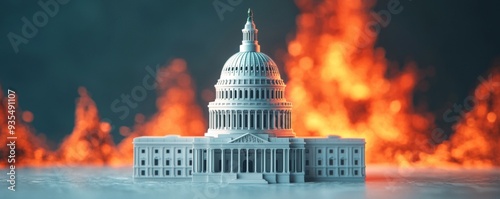 Wallpaper Mural A dramatic representation of the Capitol building with flames in the background, symbolizing intense political debate. Torontodigital.ca