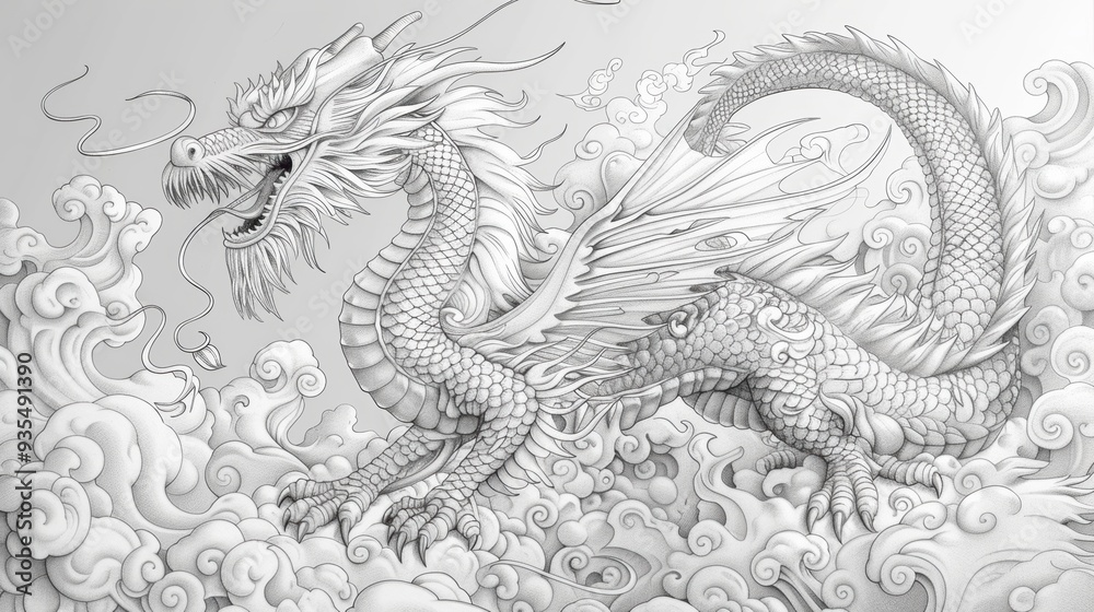 A playful dragon flies among the clouds in this coloring book page, with whimsical designs and patterns, providing a fun and imaginative coloring experience. A playful dragon flies among the clouds in this coloring book page, with whimsical designs and patterns, providing a fun and imaginative coloring experience.