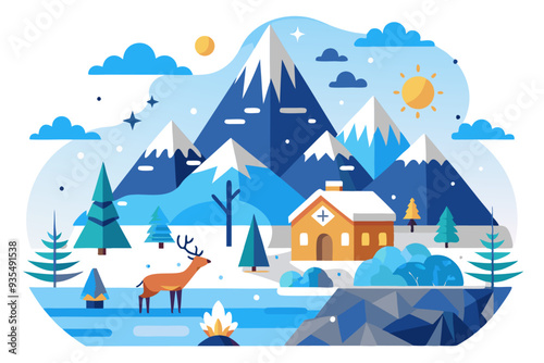 Snowy Mountain Landscape with Cabin, Deer, and Campfire