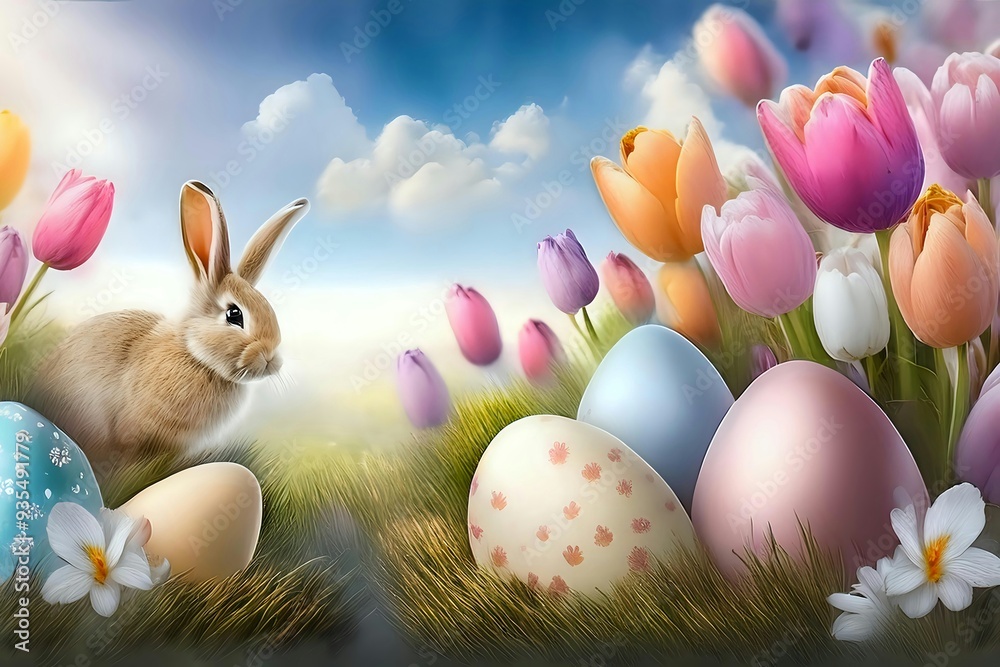 Cheerful watercolor Easter wallpaper with pastel eggs, cute bunnies, and spring flowers under a soft blue sky Cheerful watercolor Easter wallpaper with pastel eggs, cute bunnies, and spring flowers under a soft blue sky