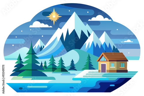 Nighttime Snowy Mountain Scene with a Cabin and Trees