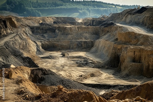 Gold mining open pit aerial view with waste sand and earth for industrial extraction