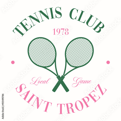 Retro Tennis Club Vector Art Fashion Illustration. Vintage Tennis Racket Slogan T shirt Print Design.